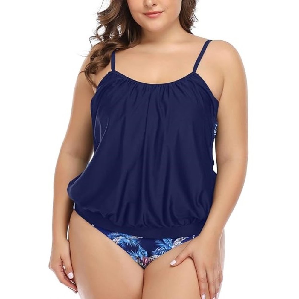 Plus Size Navy Blouson Tankini Top - Women Swim